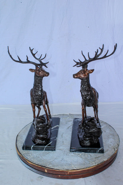 Bronze Pair of Deer Statues on Marble Base Lost Wax Method 15" x 10" x 21"H