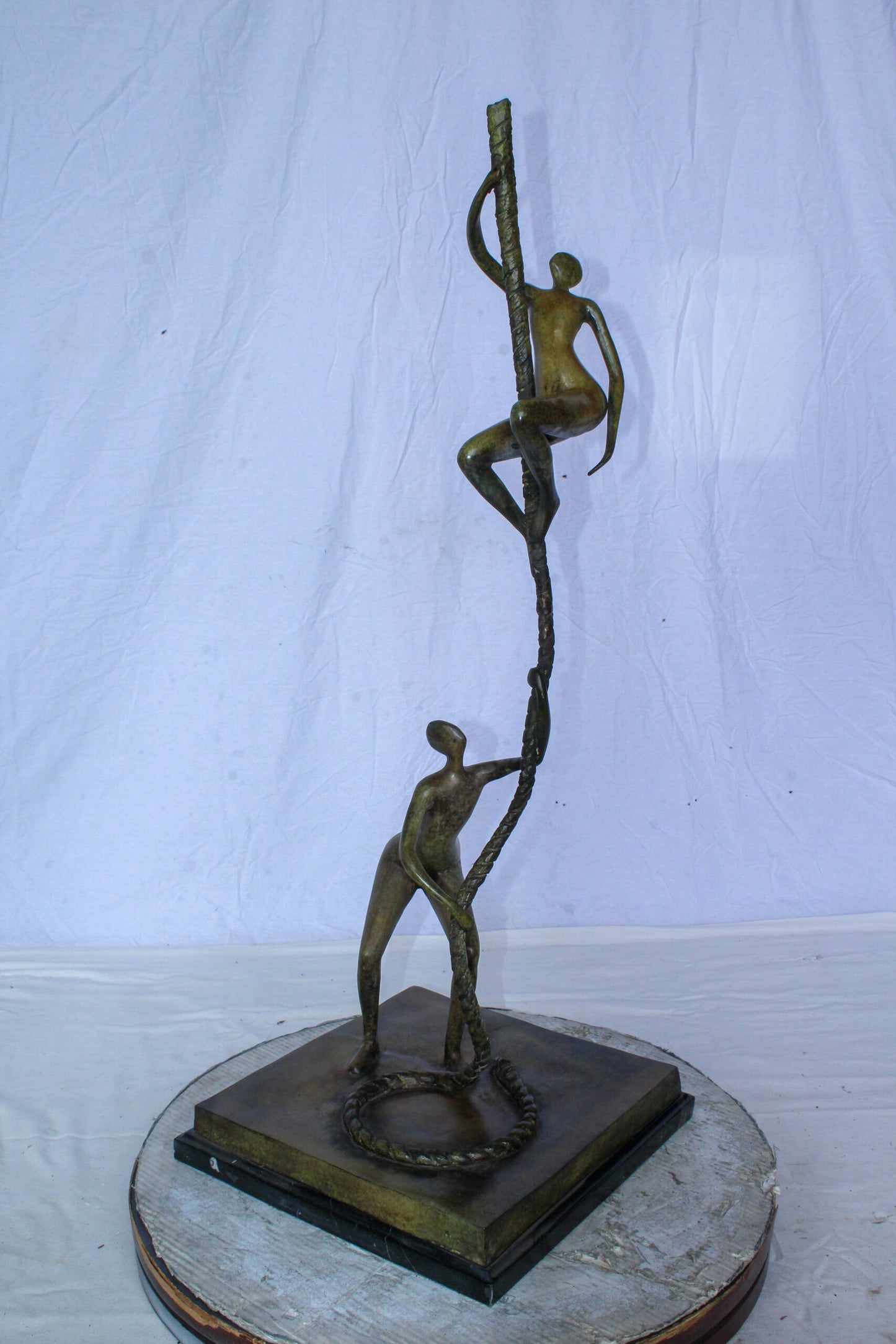 Bronze Abstract Figures Climbing Rope Sculpture on Base 14" x 14" x 38"H