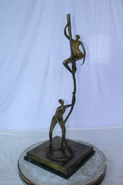 Bronze Abstract Figures Climbing Rope Sculpture on Base 14" x 14" x 38"H
