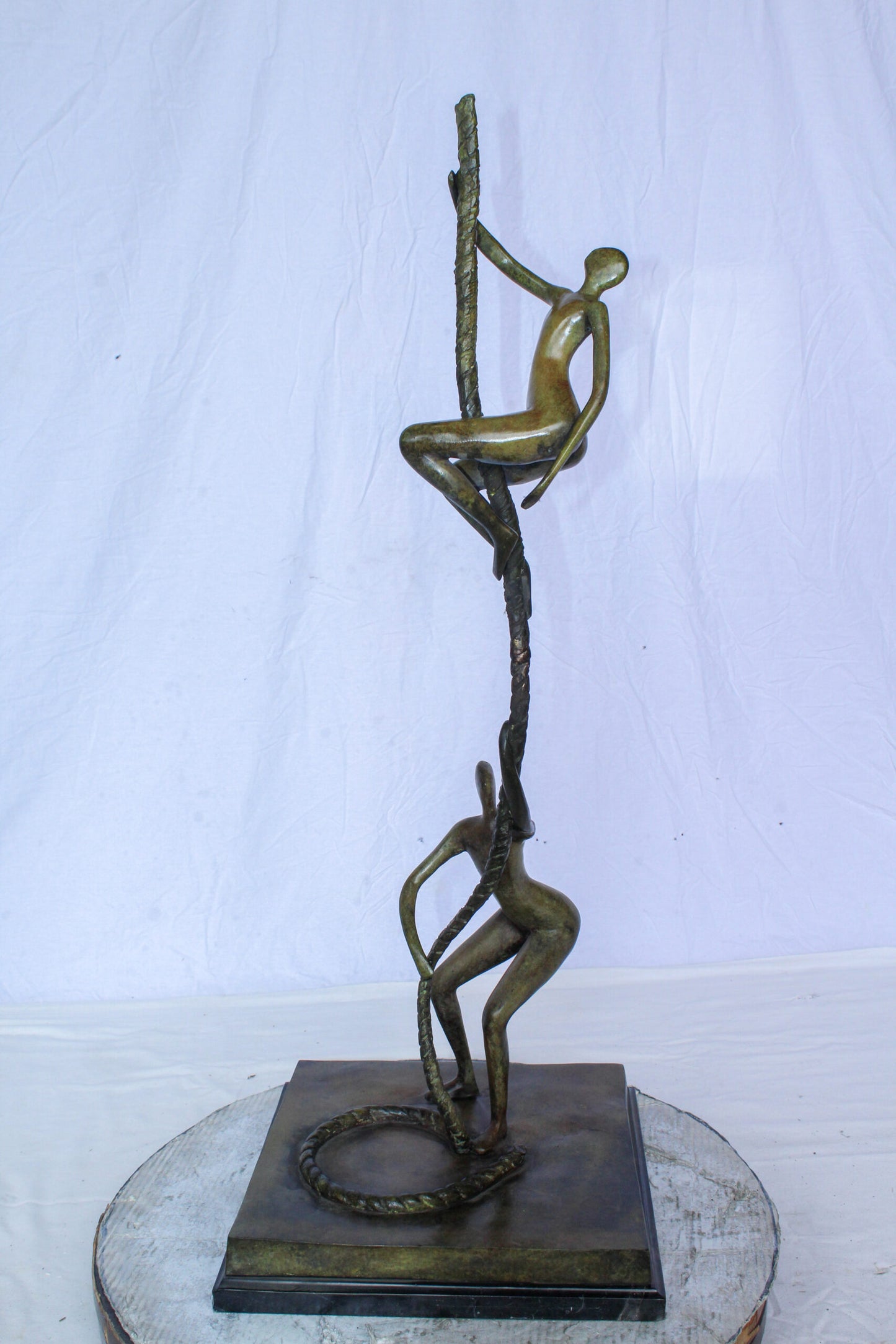 Bronze Abstract Figures Climbing Rope Sculpture on Base 14" x 14" x 38"H