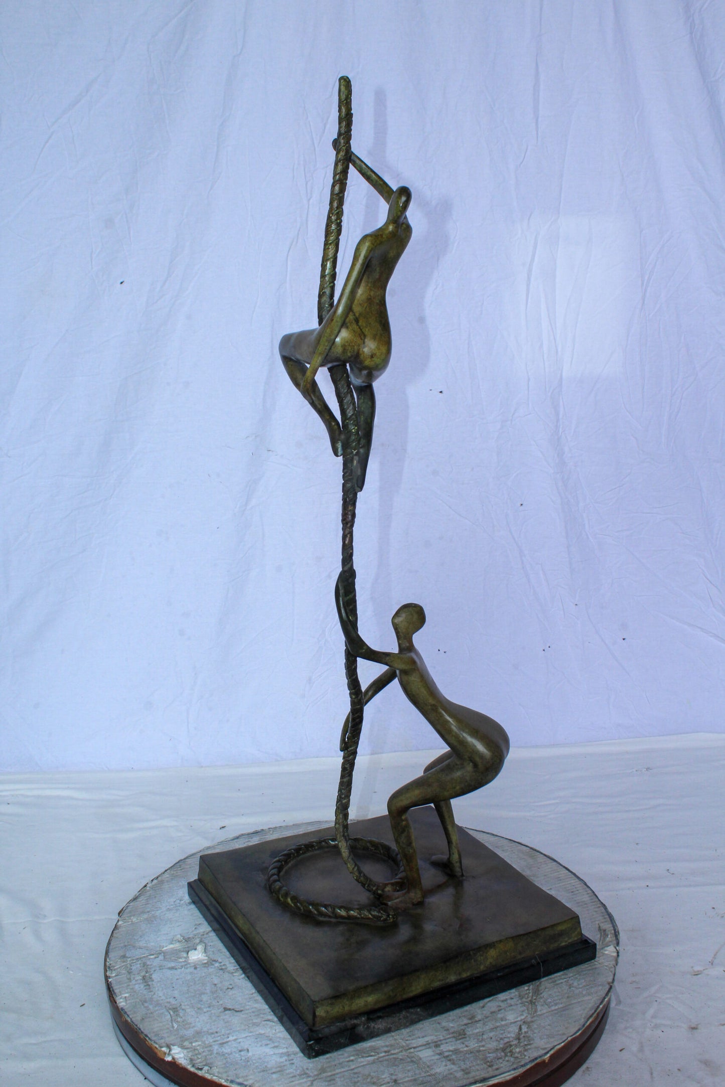Bronze Abstract Figures Climbing Rope Sculpture on Base 14" x 14" x 38"H