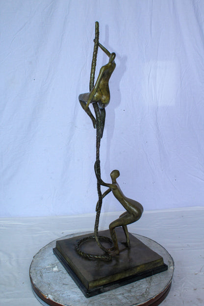Bronze Abstract Figures Climbing Rope Sculpture on Base 14" x 14" x 38"H