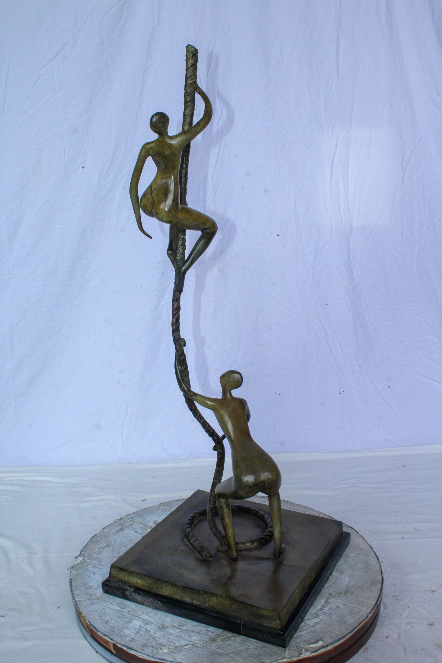 Bronze Abstract Figures Climbing Rope Sculpture on Base 14" x 14" x 38"H