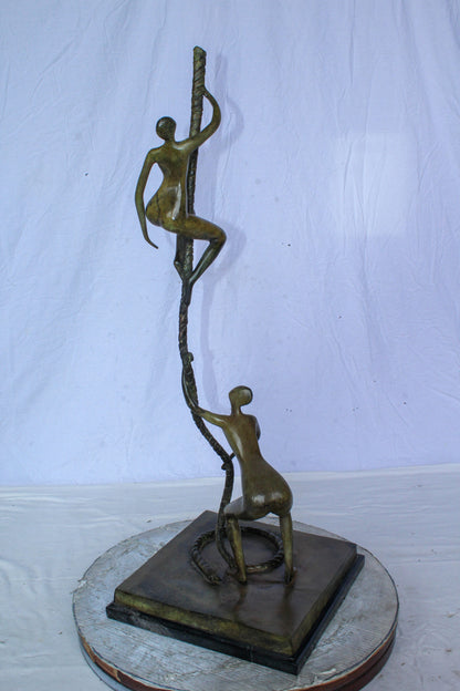 Bronze Abstract Figures Climbing Rope Sculpture on Base 14" x 14" x 38"H
