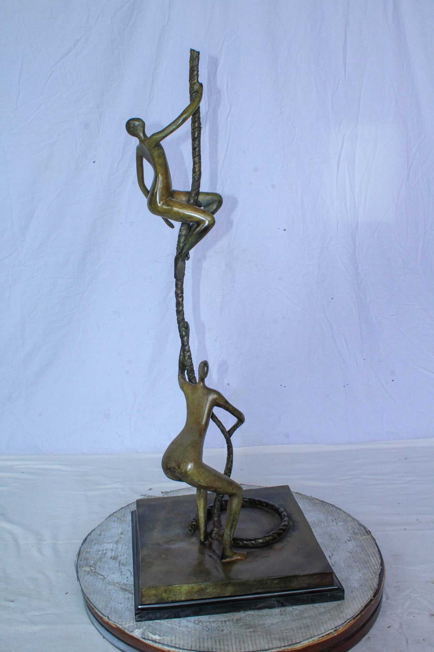 Bronze Abstract Figures Climbing Rope Sculpture on Base 14" x 14" x 38"H