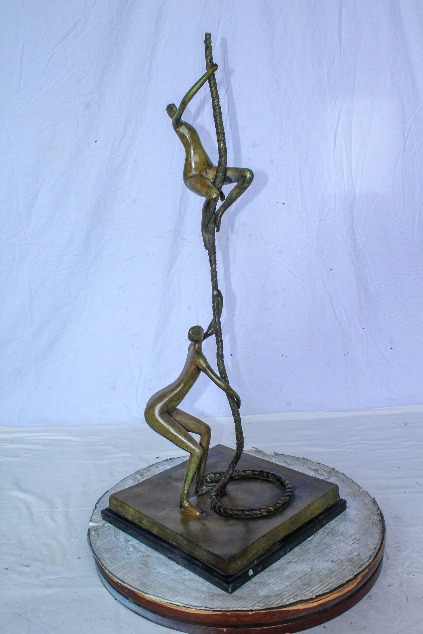Bronze Abstract Figures Climbing Rope Sculpture on Base 14" x 14" x 38"H