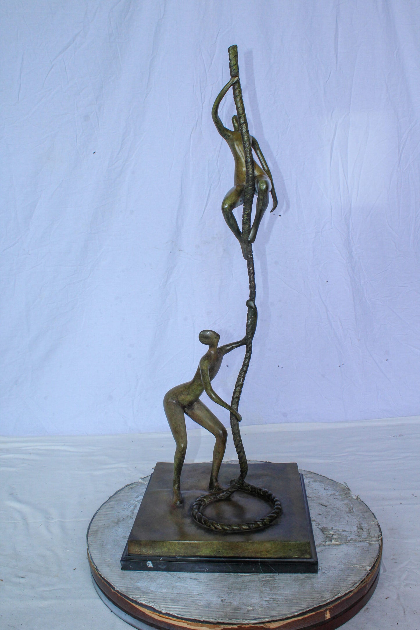 Bronze Abstract Figures Climbing Rope Sculpture on Base 14" x 14" x 38"H