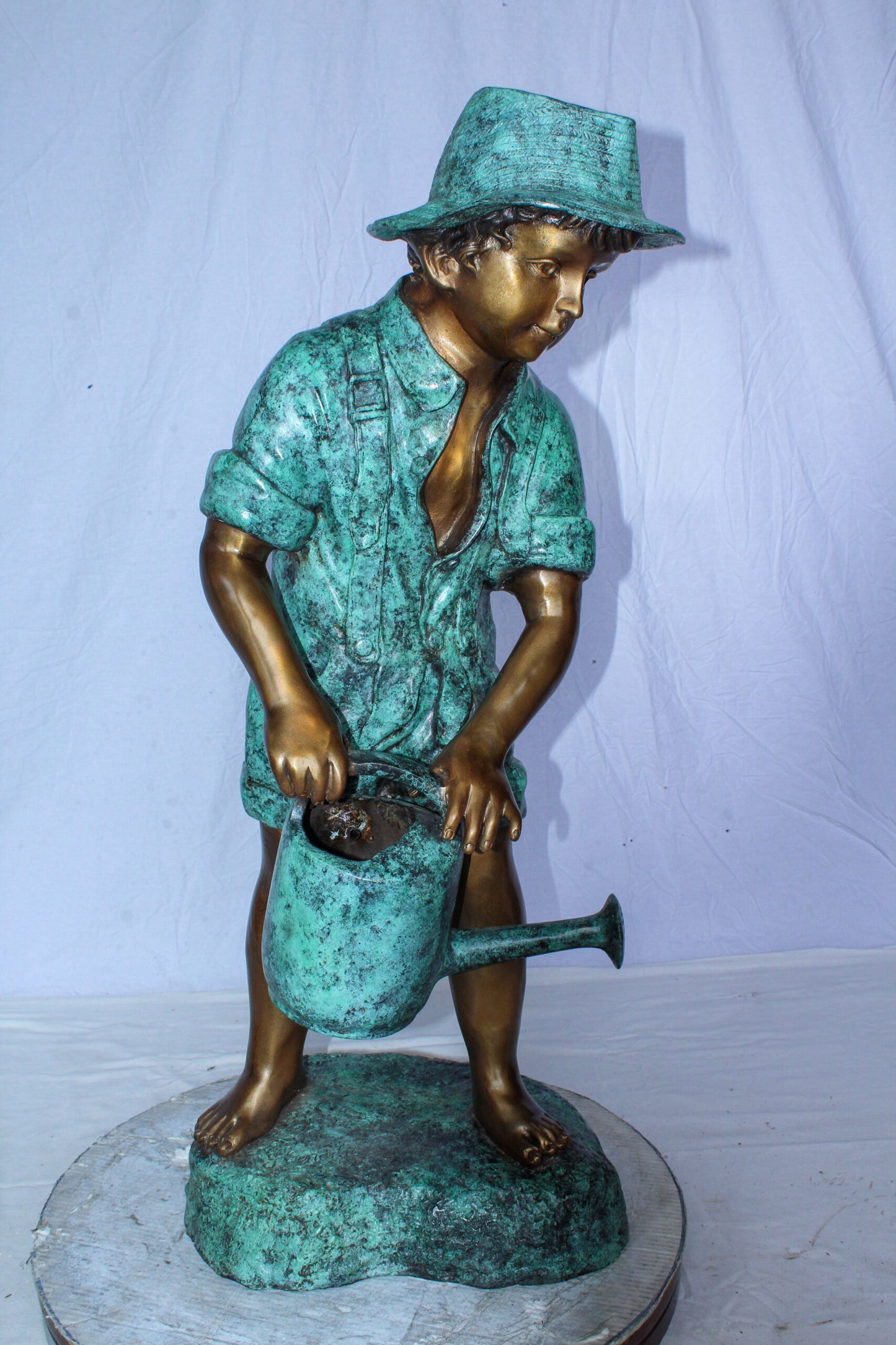Standing Boy with Watering Can Bronze Statue - Size: 15"L x 15"W x 39"H.