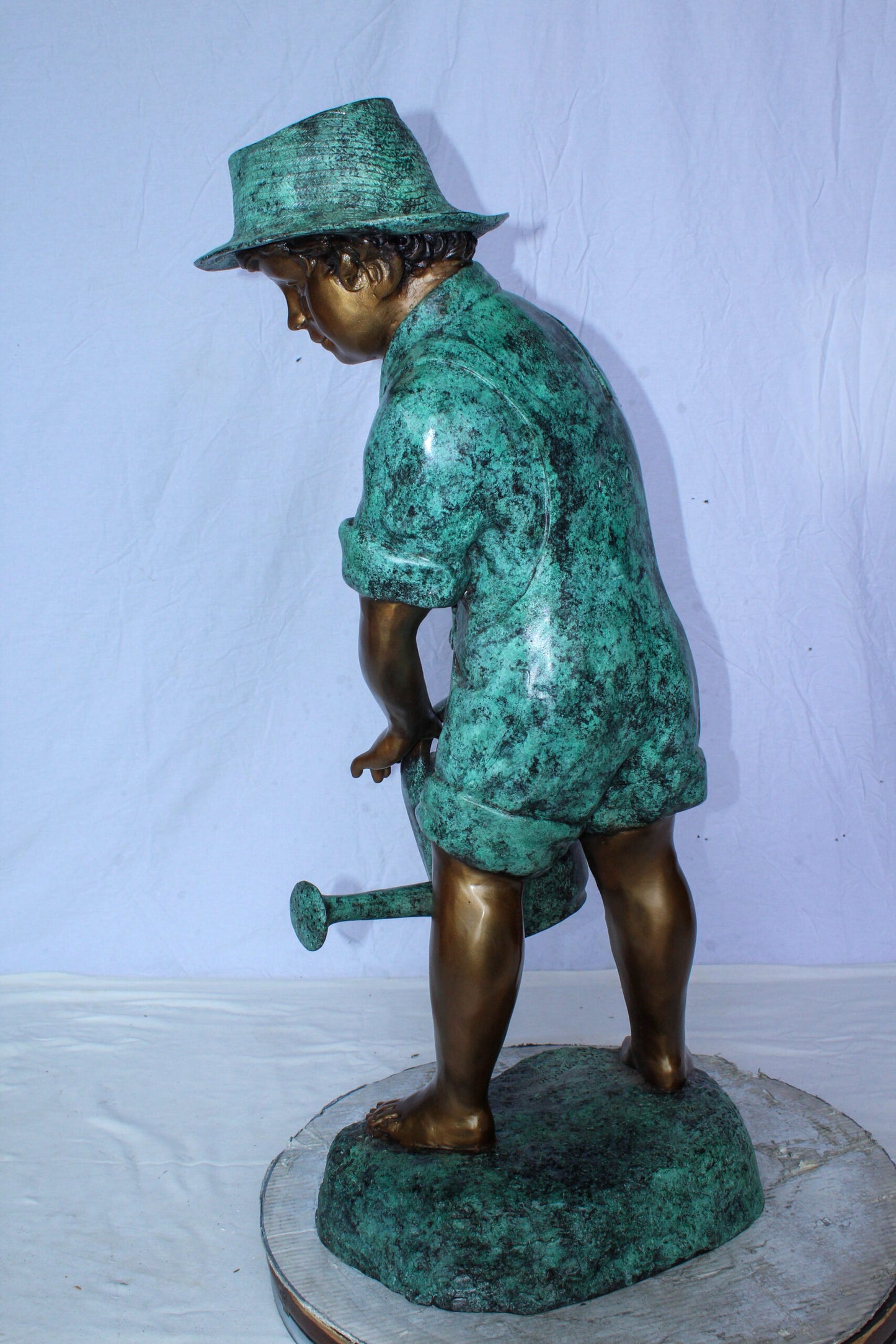 Standing Boy with Watering Can Bronze Statue - Size: 15"L x 15"W x 39"H.