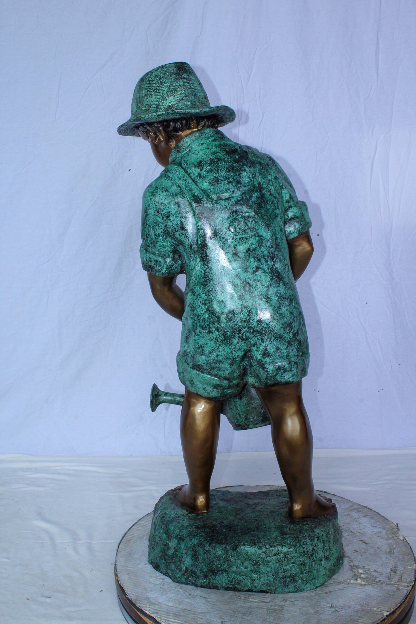 Standing Boy with Watering Can Bronze Statue - Size: 15"L x 15"W x 39"H.