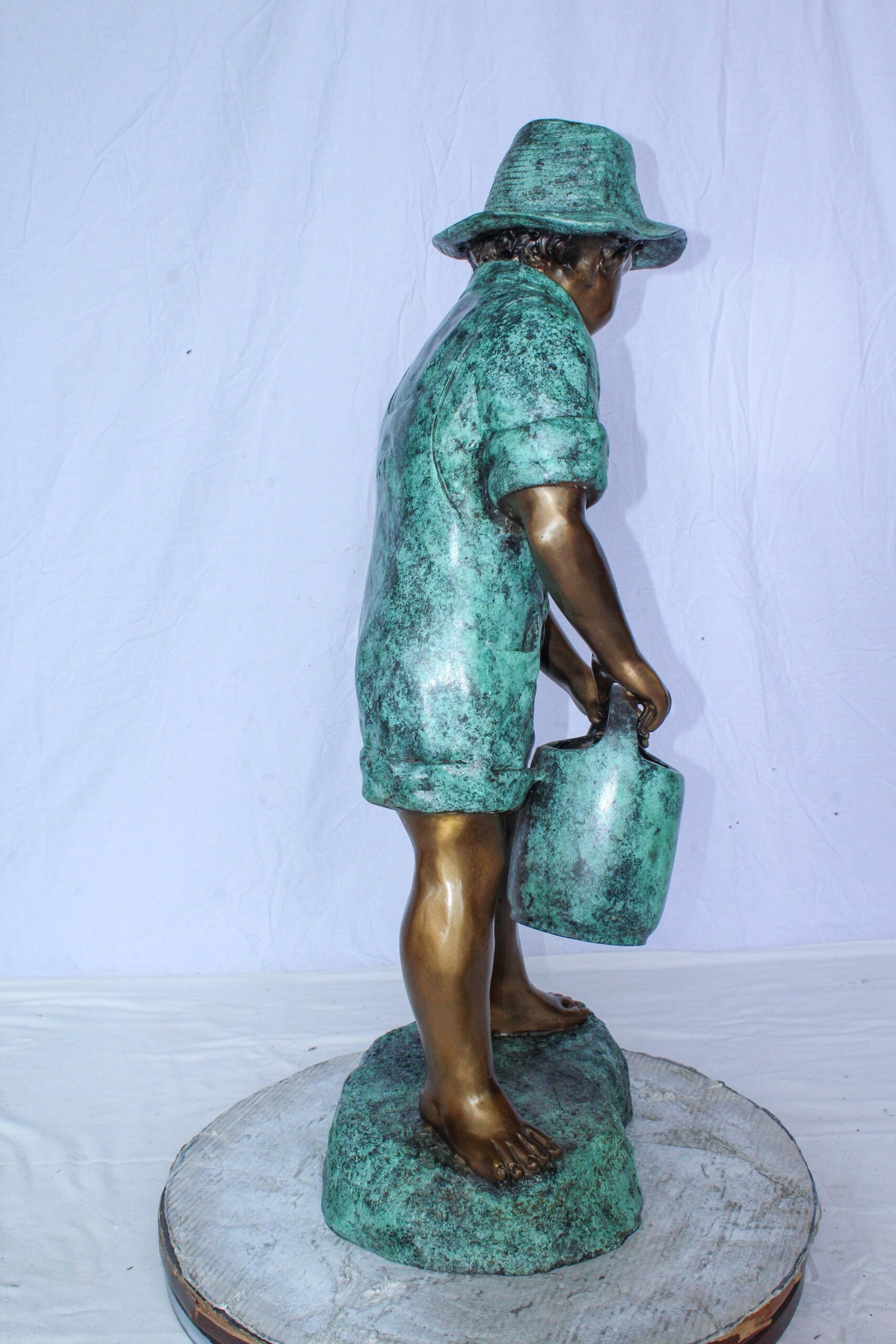 Standing Boy with Watering Can Bronze Statue - Size: 15"L x 15"W x 39"H.