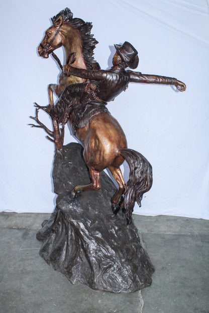 Life Size Bronze Cowboy on Rearing Horse Western Statue 60" x 37" x 81"H