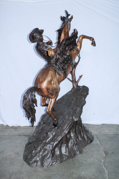 Life Size Bronze Cowboy on Rearing Horse Western Statue 60" x 37" x 81"H