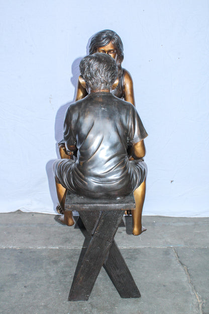 Life Size Bronze Children Playing Checkers Statue 37" x 17" x 44"H