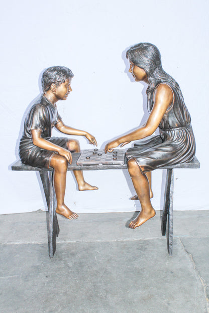 Life Size Bronze Children Playing Checkers Statue 37" x 17" x 44"H