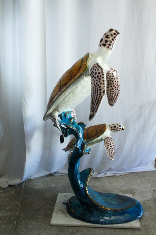 Two Giant Sea Turtle Fountain Bronze Statue Over Coral Base 52" x 40" x 68"H