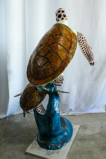 Two Giant Sea Turtle Fountain Bronze Statue Over Coral Base 52" x 40" x 68"H