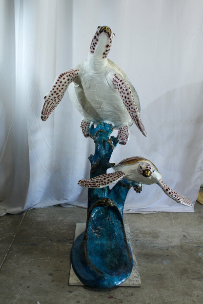 Two Giant Sea Turtle Fountain Bronze Statue Over Coral Base 52" x 40" x 68"H