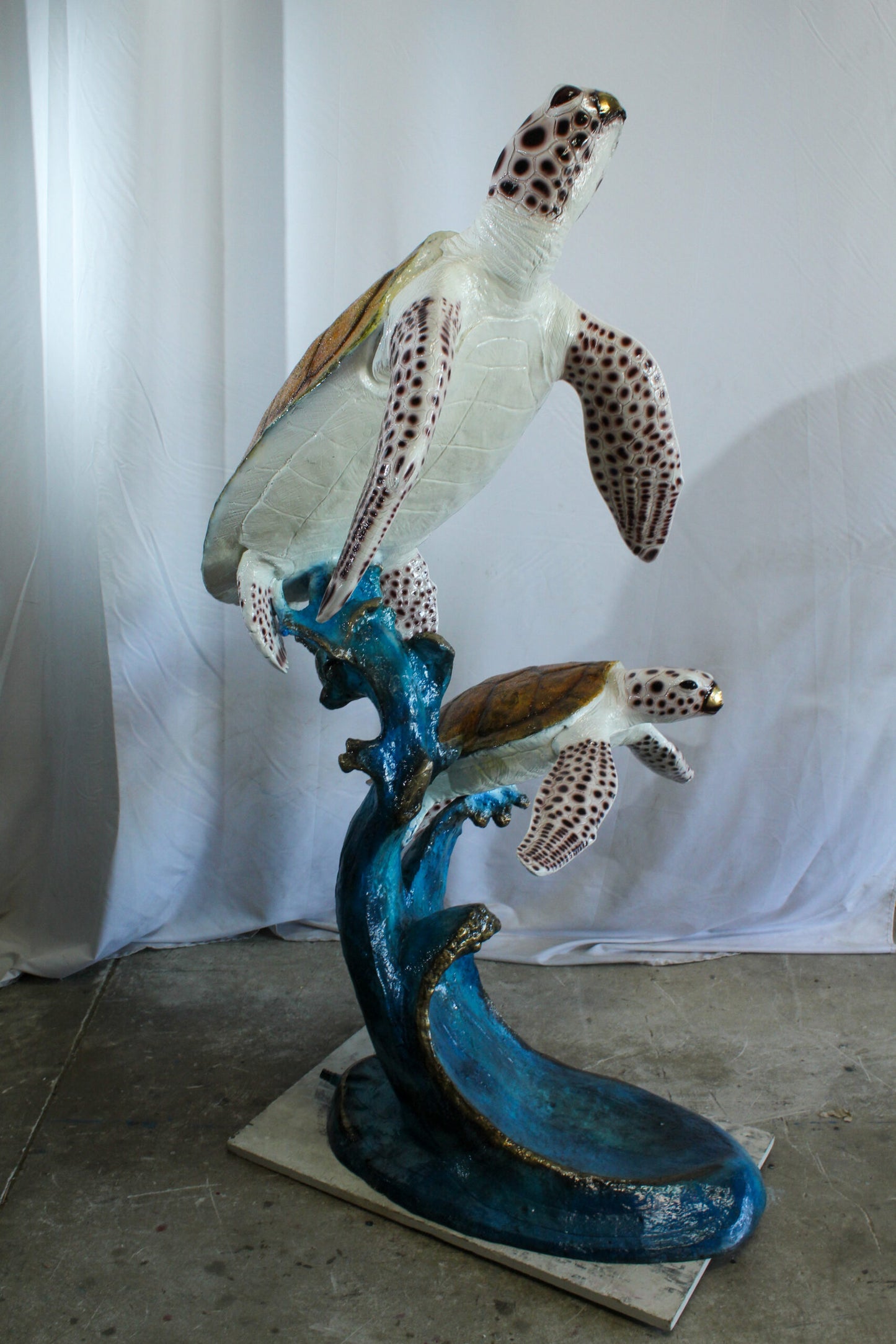 Two Giant Sea Turtle Fountain Bronze Statue Over Coral Base 52" x 40" x 68"H