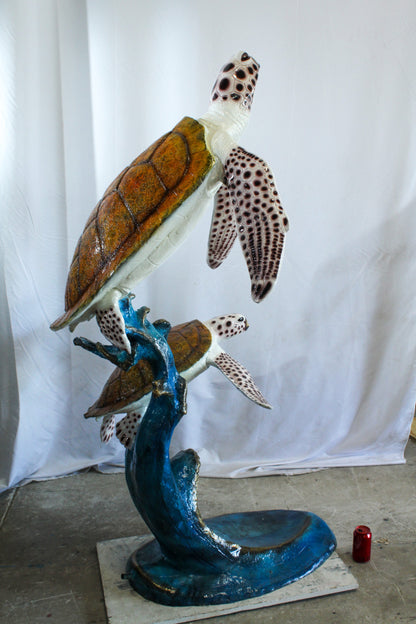 Two Giant Sea Turtle Fountain Bronze Statue Over Coral Base 52" x 40" x 68"H