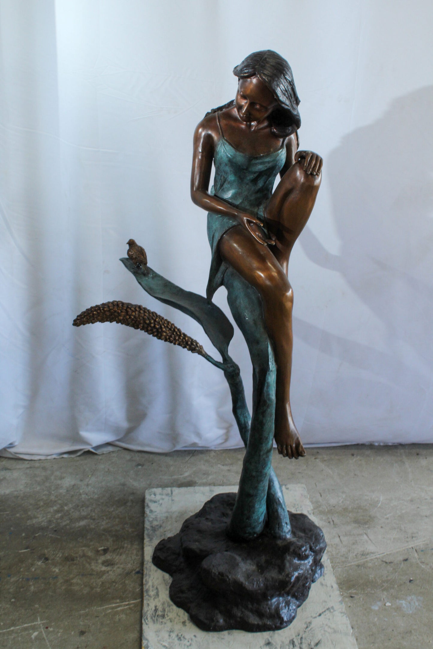 Beautiful Girl Bronze Statue on a Vine With Bird and Pinecone 26" x 24" x 53"H