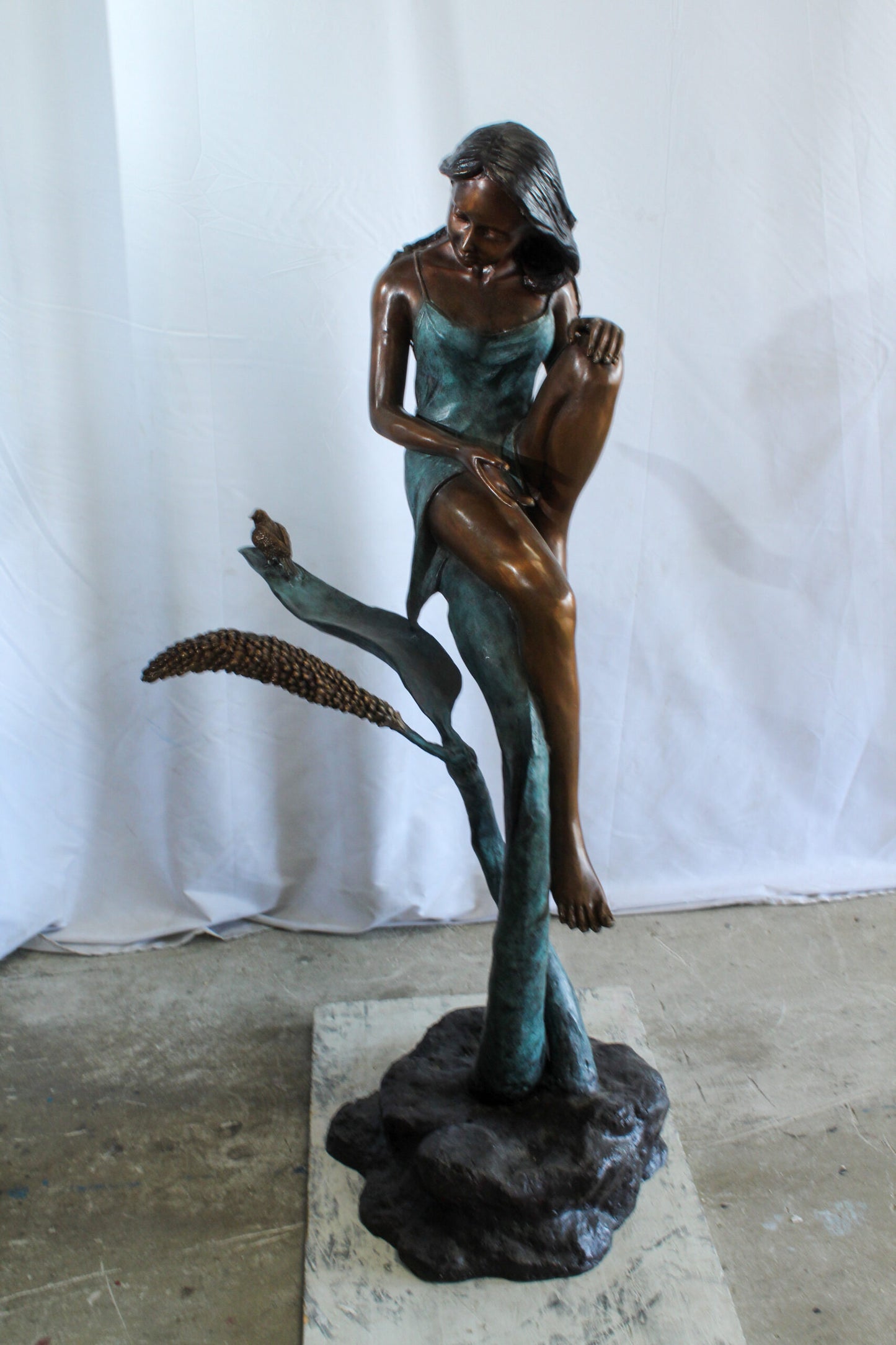 Beautiful Girl Bronze Statue on a Vine With Bird and Pinecone 26" x 24" x 53"H