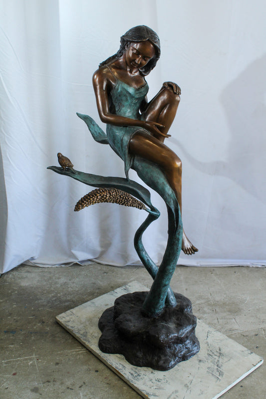 Beautiful Girl Bronze Statue on a Vine With Bird and Pinecone 26" x 24" x 53"H