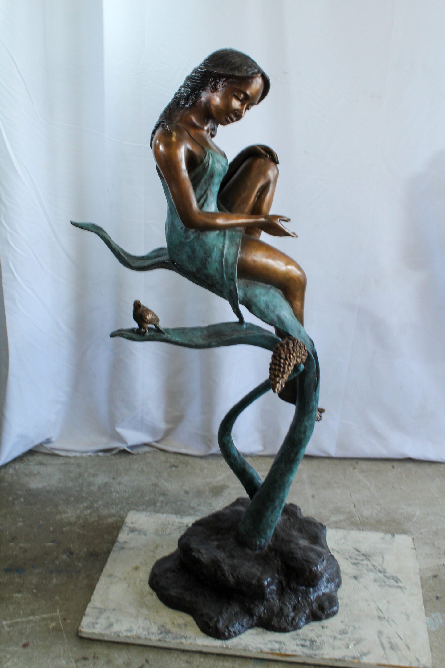 Beautiful Girl Bronze Statue on a Vine With Bird and Pinecone 26" x 24" x 53"H