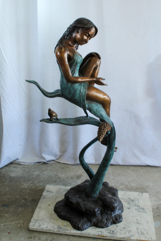Beautiful Girl Bronze Statue on a Vine With Bird and Pinecone 26" x 24" x 53"H