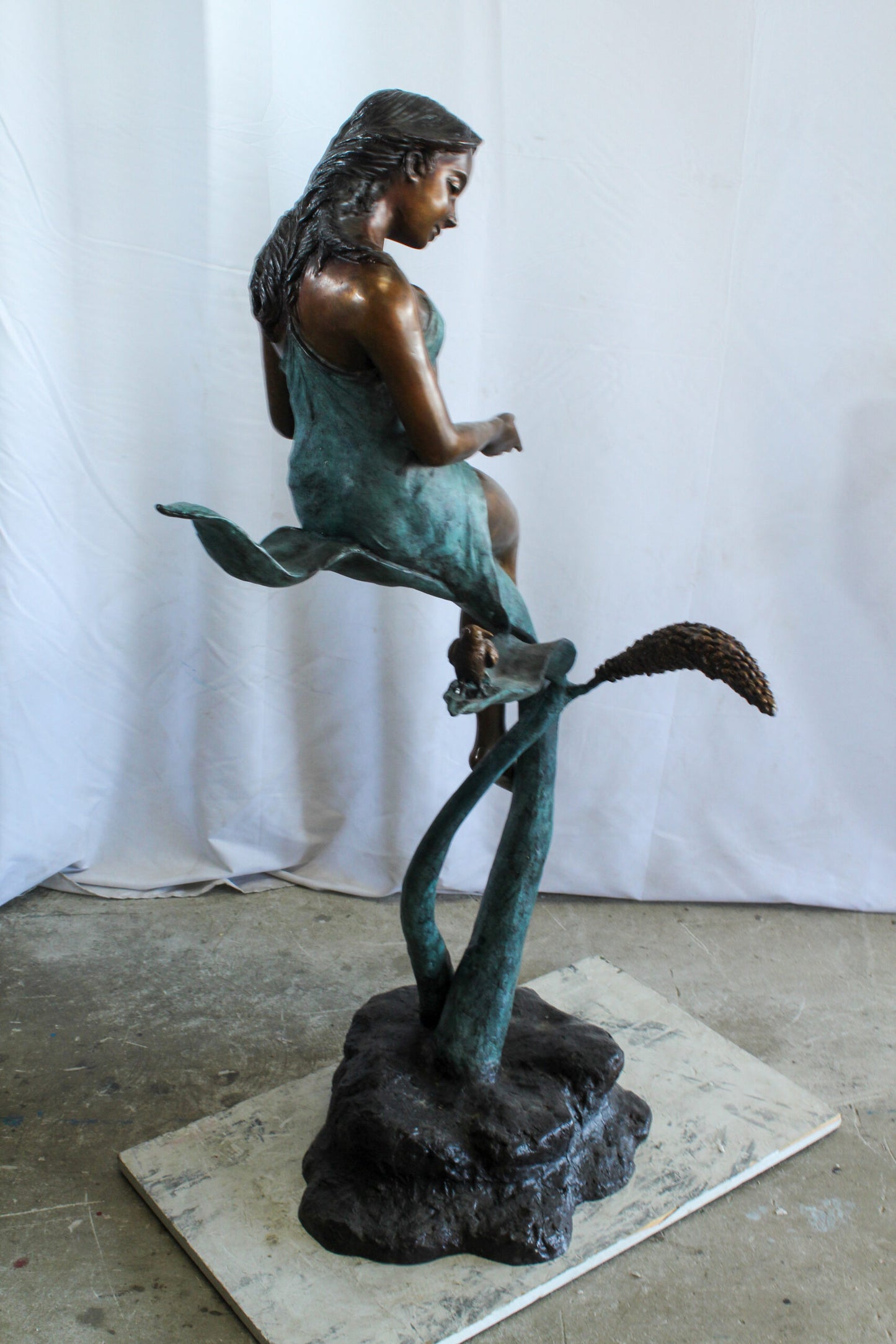 Beautiful Girl Bronze Statue on a Vine With Bird and Pinecone 26" x 24" x 53"H
