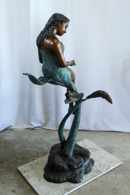 Beautiful Girl Bronze Statue on a Vine With Bird and Pinecone 26" x 24" x 53"H