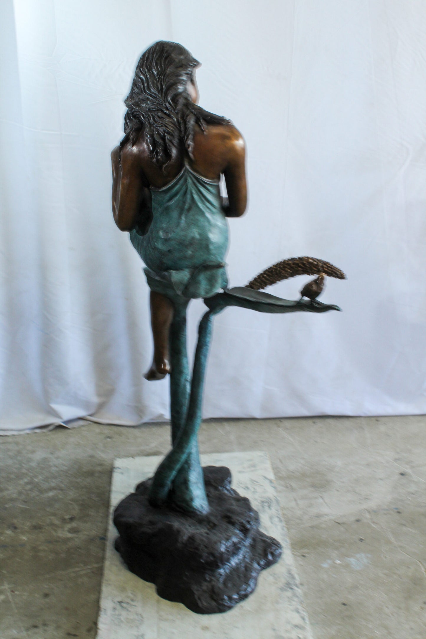 Beautiful Girl Bronze Statue on a Vine With Bird and Pinecone 26" x 24" x 53"H