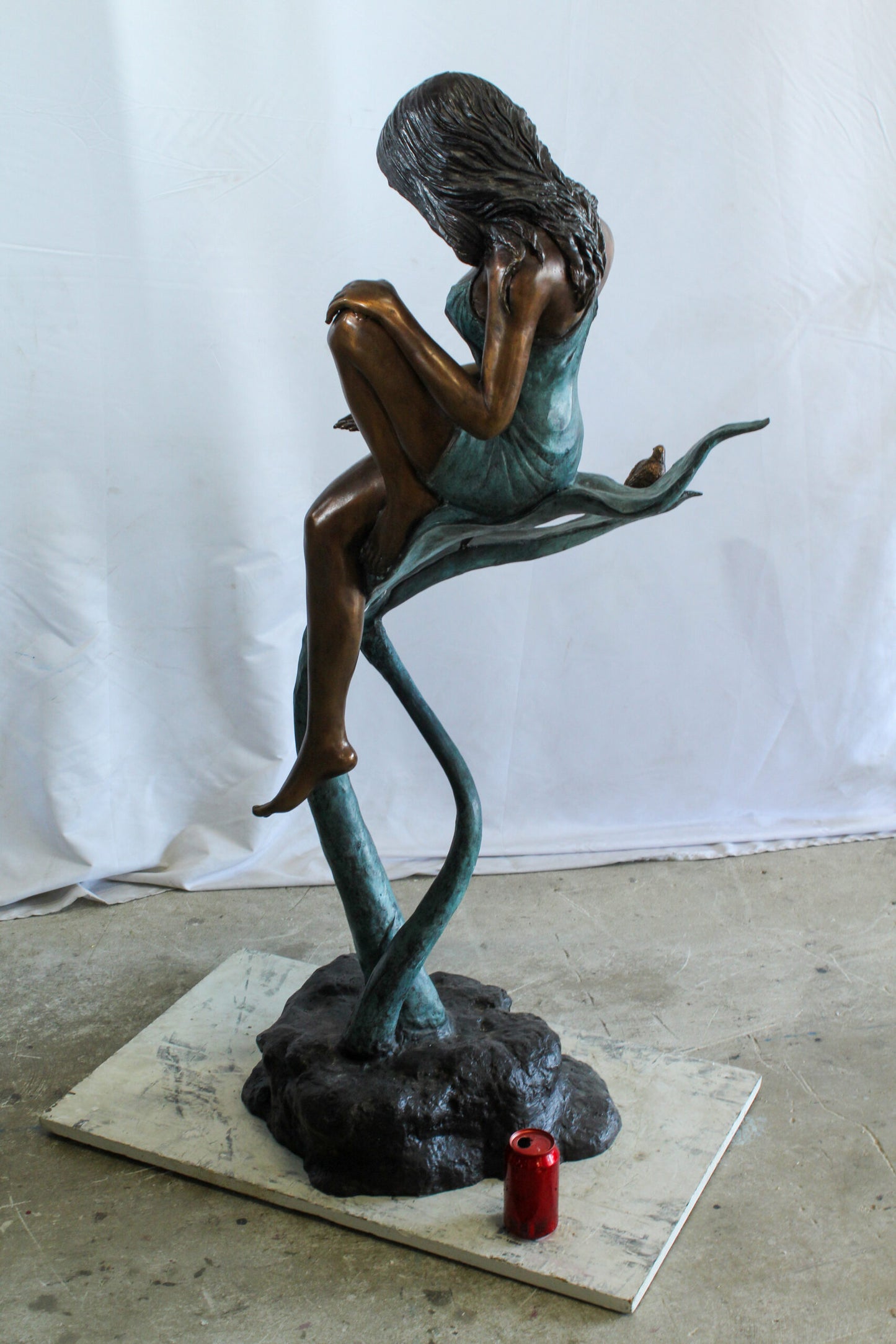 Beautiful Girl Bronze Statue on a Vine With Bird and Pinecone 26" x 24" x 53"H