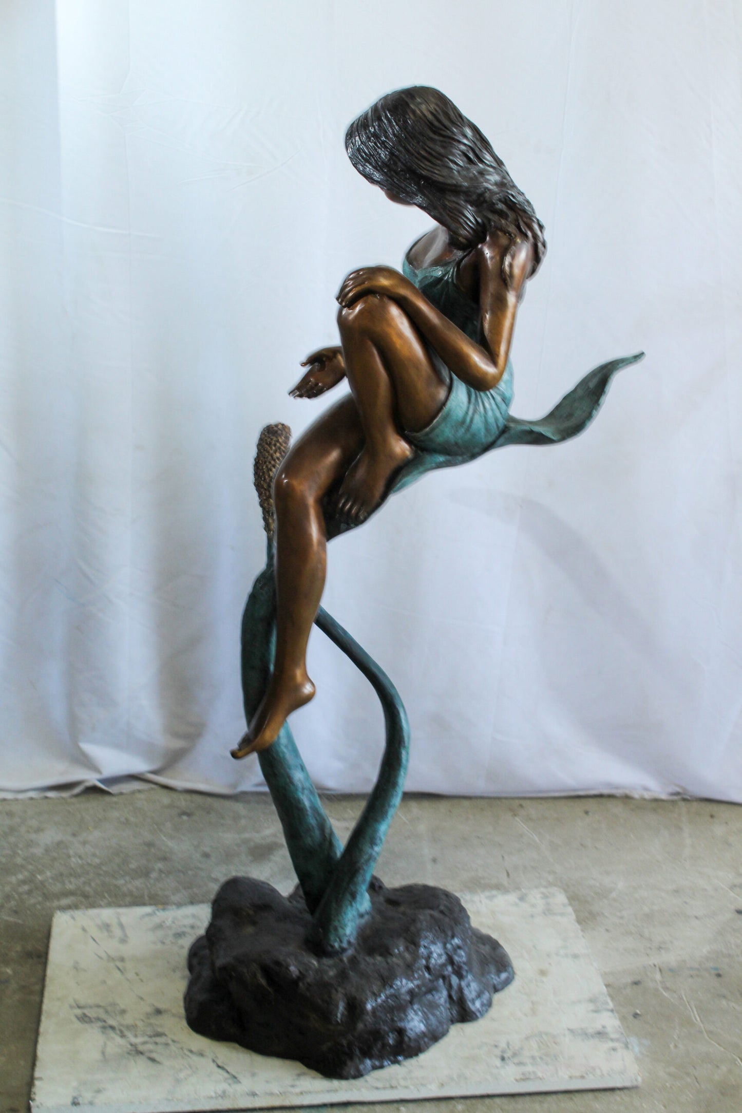 Beautiful Girl Bronze Statue on a Vine With Bird and Pinecone 26" x 24" x 53"H