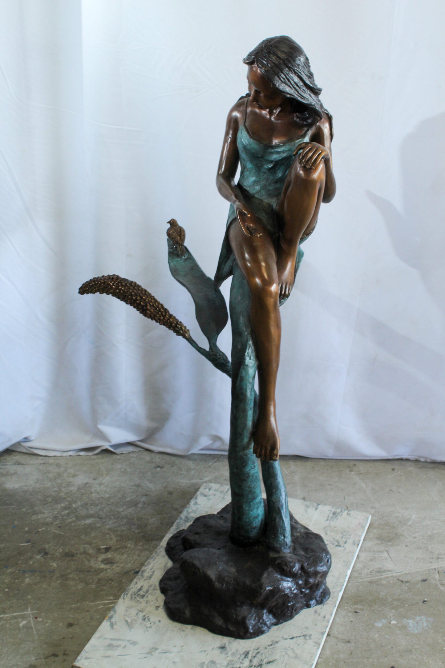 Beautiful Girl Bronze Statue on a Vine With Bird and Pinecone 26" x 24" x 53"H