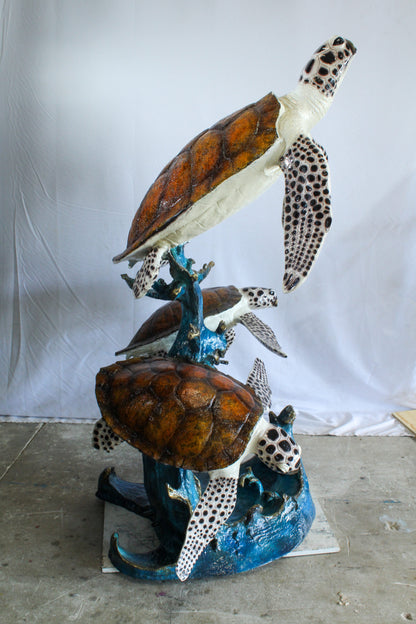 Giant Bronze Three Sea Turtles Fountain Statue Coral Base 50" x 40" x 68"H