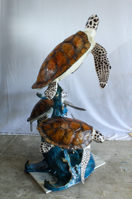 Giant Bronze Three Sea Turtles Fountain Statue Coral Base 50" x 40" x 68"H