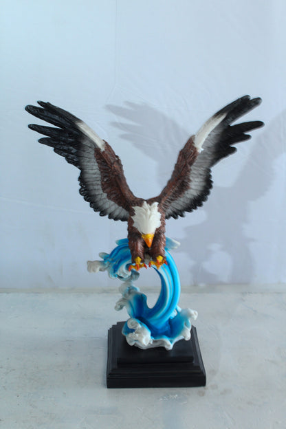 Resin Bald Eagle Statue Diving Over Ocean Wave on Base 14" x 7" x 17"H