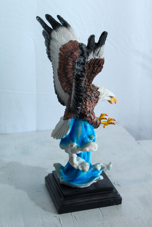 Resin Bald Eagle Statue Diving Over Ocean Wave on Base 14" x 7" x 17"H