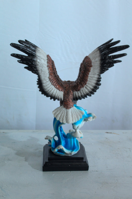 Resin Bald Eagle Statue Diving Over Ocean Wave on Base 14" x 7" x 17"H