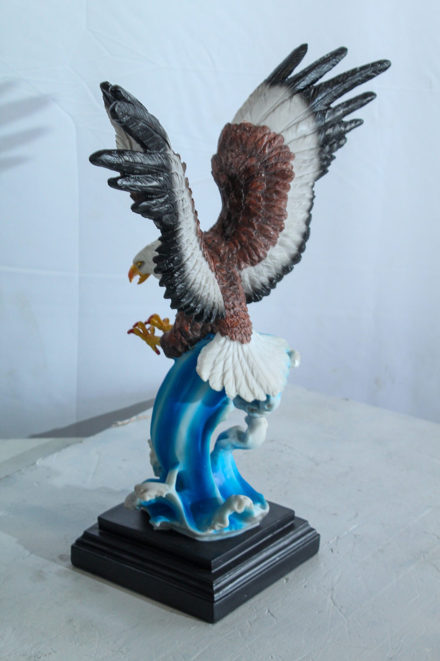 Resin Bald Eagle Statue Diving Over Ocean Wave on Base 14" x 7" x 17"H