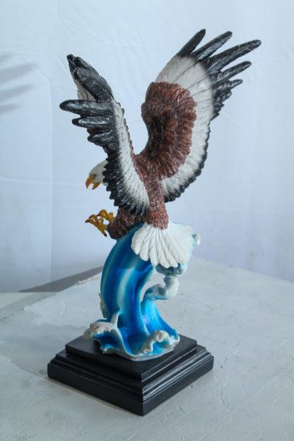 Resin Bald Eagle Statue Diving Over Ocean Wave on Base 14" x 7" x 17"H