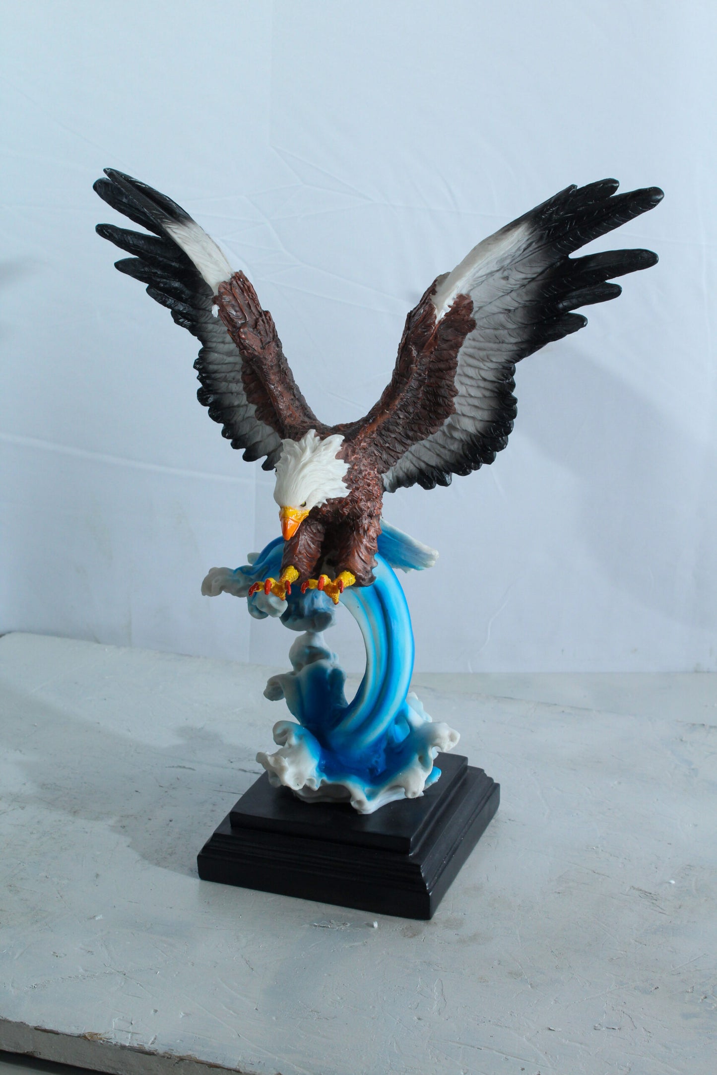Resin Bald Eagle Statue Diving Over Ocean Wave on Base 14" x 7" x 17"H