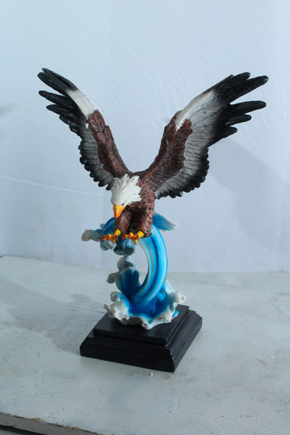 Resin Bald Eagle Statue Diving Over Ocean Wave on Base 14" x 7" x 17"H