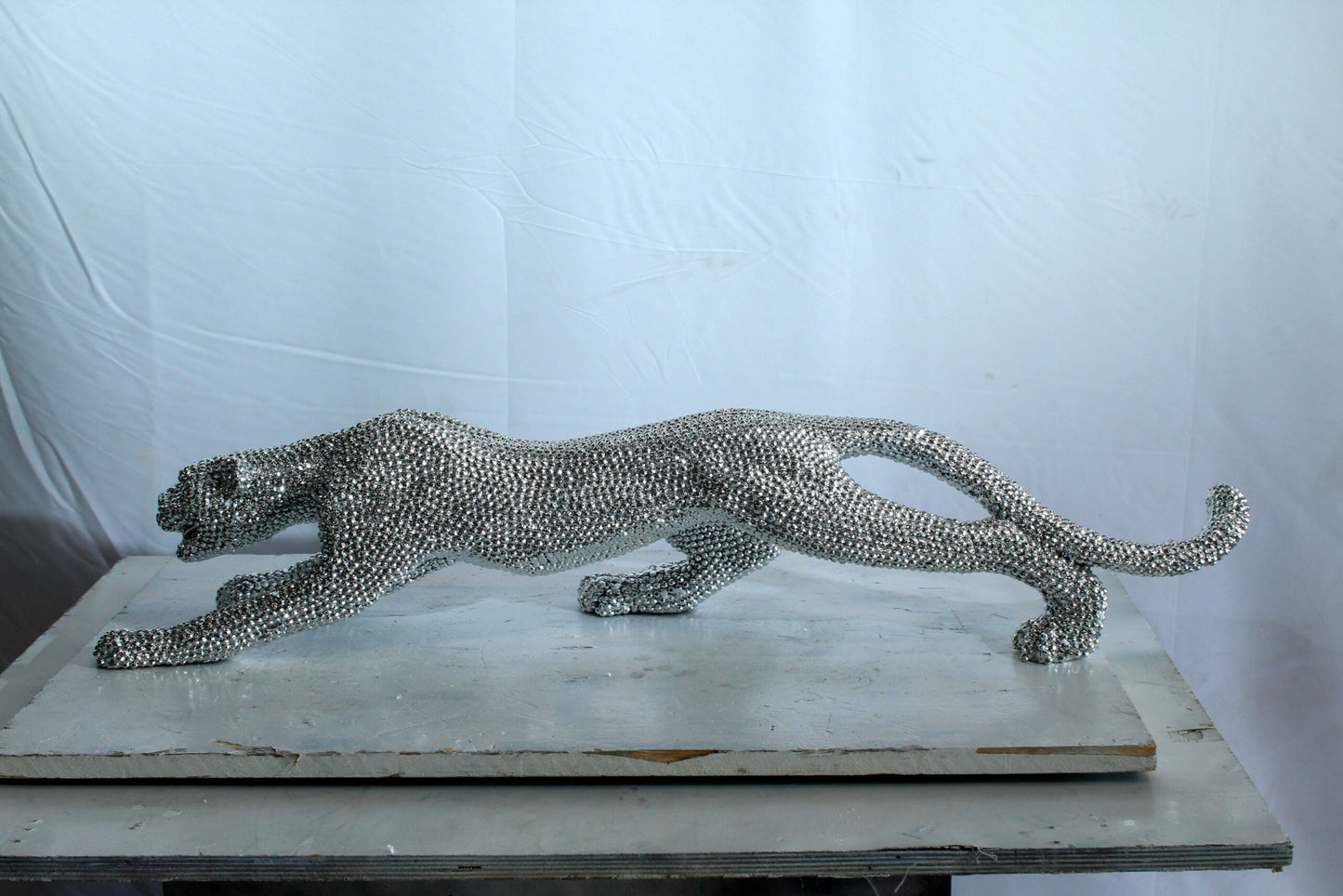 Silver Resin Bead Panther Sculpture in Dynamic Crouch Pose Art   36" x 7" x 8"H