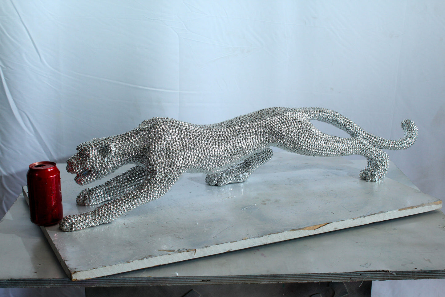 Silver Resin Bead Panther Sculpture in Dynamic Crouch Pose Art   36" x 7" x 8"H