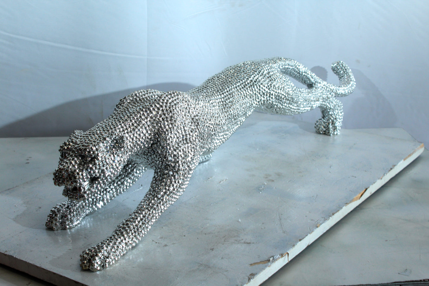 Silver Resin Bead Panther Sculpture in Dynamic Crouch Pose Art   36" x 7" x 8"H