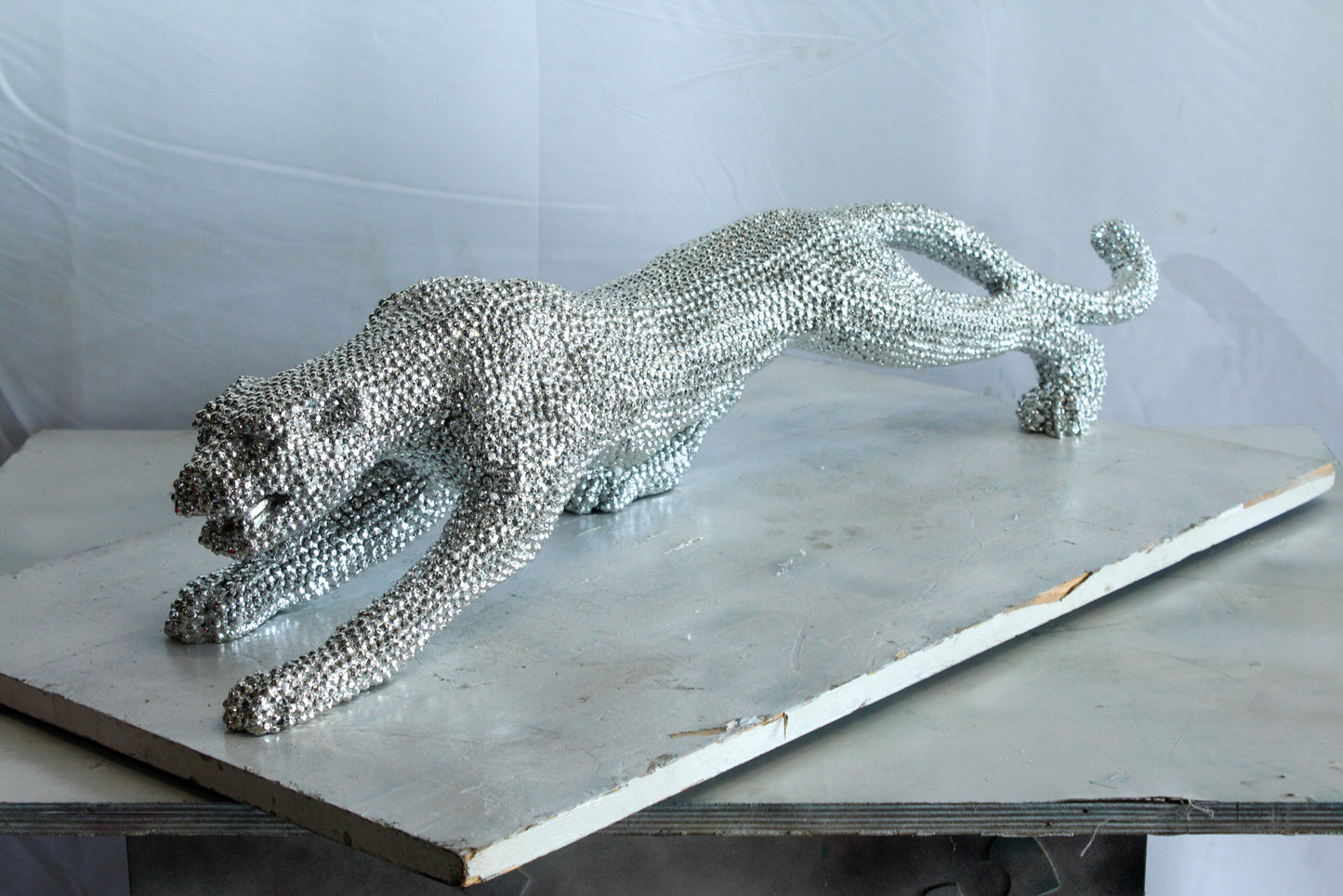 Silver Resin Bead Panther Sculpture in Dynamic Crouch Pose Art   36" x 7" x 8"H