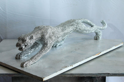 Silver Resin Bead Panther Sculpture in Dynamic Crouch Pose Art   36" x 7" x 8"H