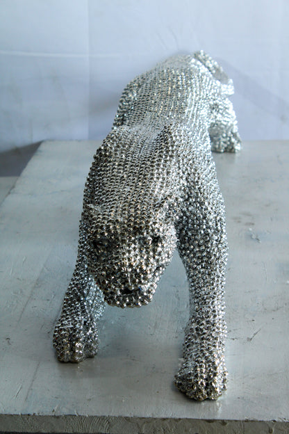 Silver Resin Bead Panther Sculpture in Dynamic Crouch Pose Art   36" x 7" x 8"H